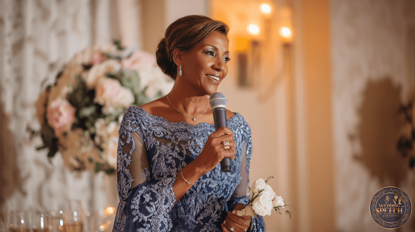 A woman in an elegant blue lace dress holds a microphone and a small bouquet, speaking at a formal event with floral decorations in the background.
