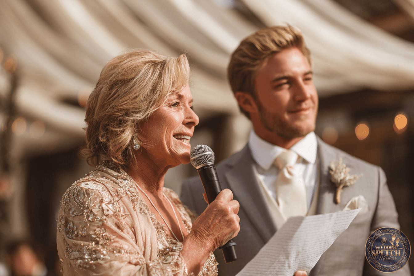 An older woman holding a microphone and a piece of paper stands next to a younger man in a suit at an outdoor event with draped fabric in the background.