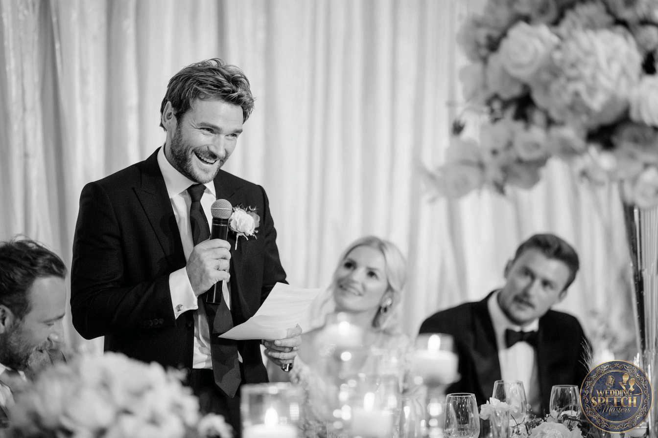 A man in a suit speaks into a microphone while holding a paper at a formal event, with seated guests and floral decorations nearby.