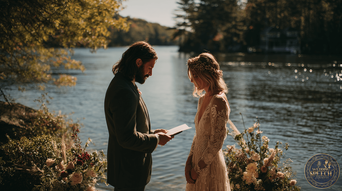 A man and woman stand by a lakeside, dressed in wedding attire, as he reads their Non-Traditional Vows from a piece of paper. Floral arrangements decorate the scene and sunlight filters through the trees.