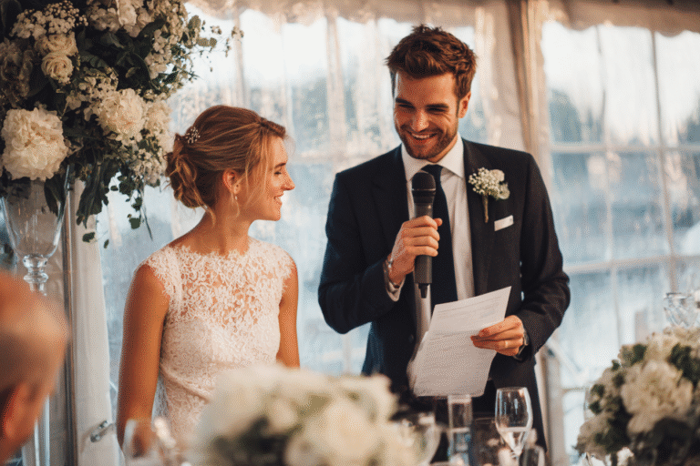 A groom holding a microphone reads from a paper while standing next to the bride at a decorated wedding reception table.