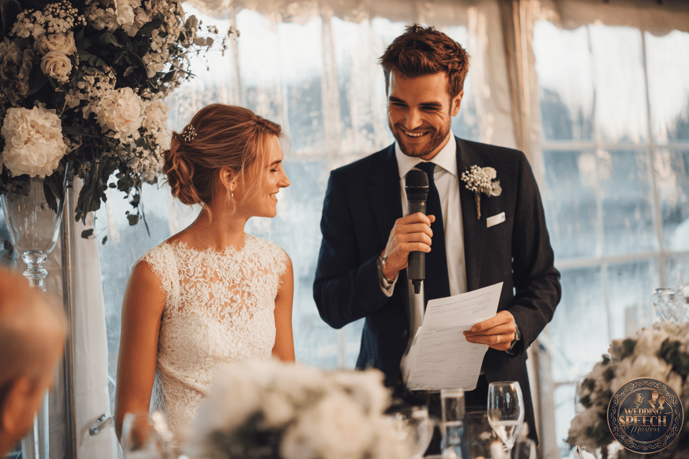 A groom holding a microphone reads from a paper while standing next to the bride at a decorated wedding reception table.