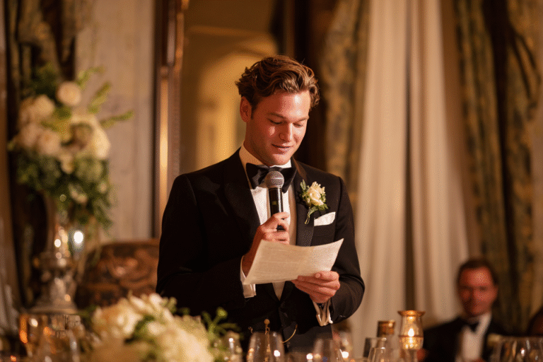 A man in a tuxedo stands at a table, holding a microphone and reading from a paper, likely giving a speech at a formal event with elegant decor in the background.