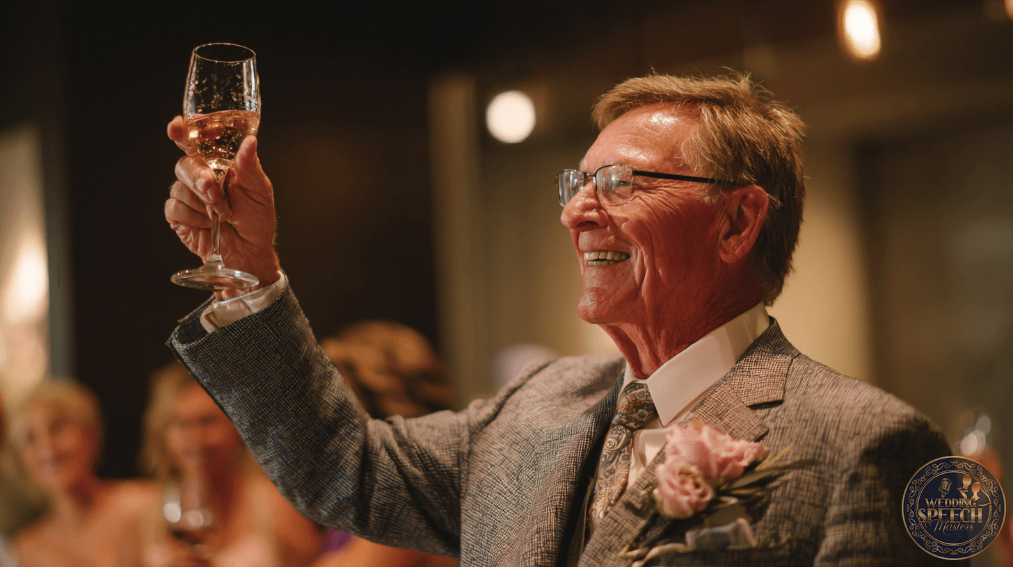 An older man in a suit raises a glass in a heartfelt parental toast at a formal event, smiling, with blurred guests in the background.