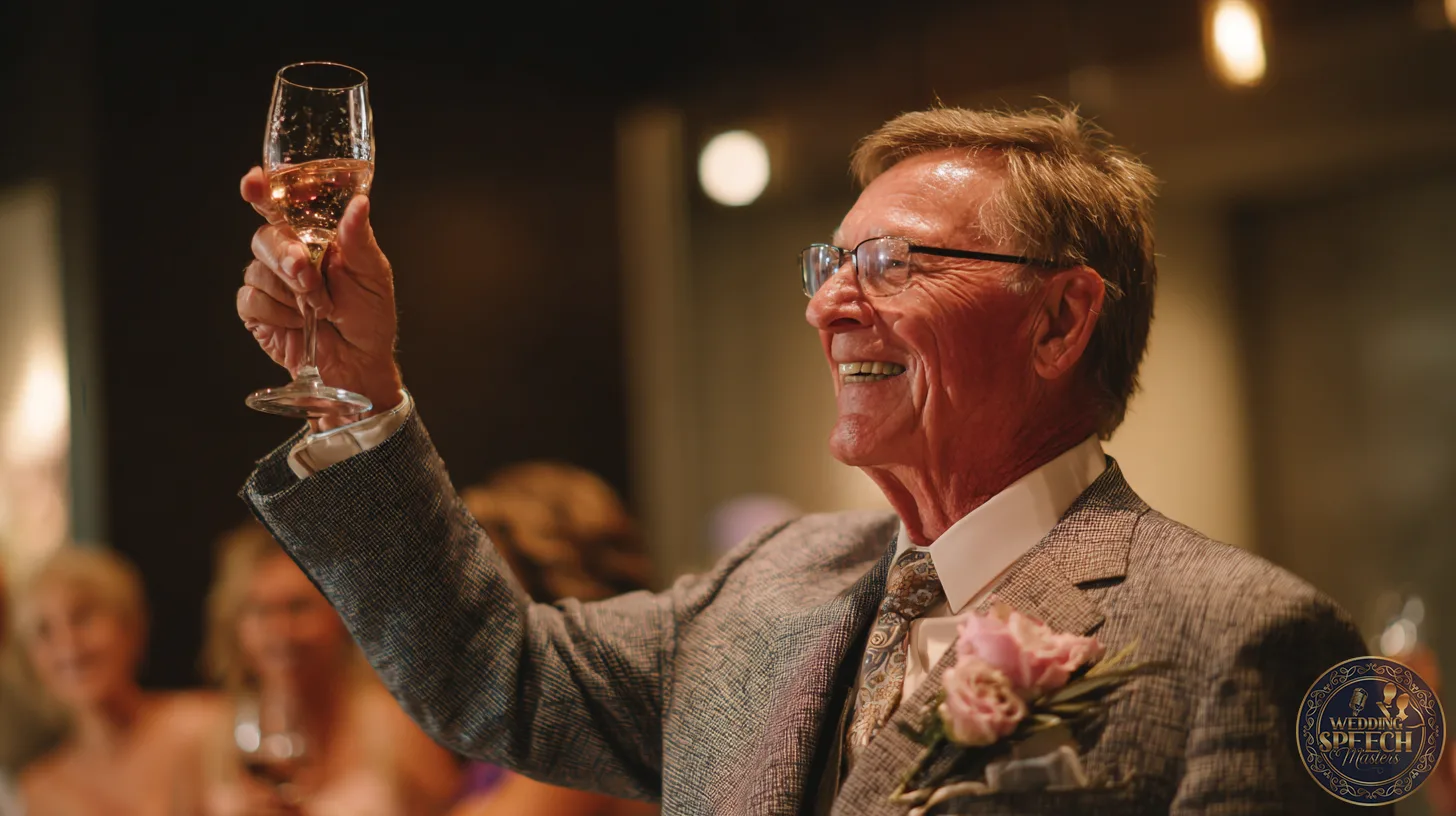 An older man in a suit raises a glass in a heartfelt parental toast at a formal event, smiling, with blurred guests in the background.