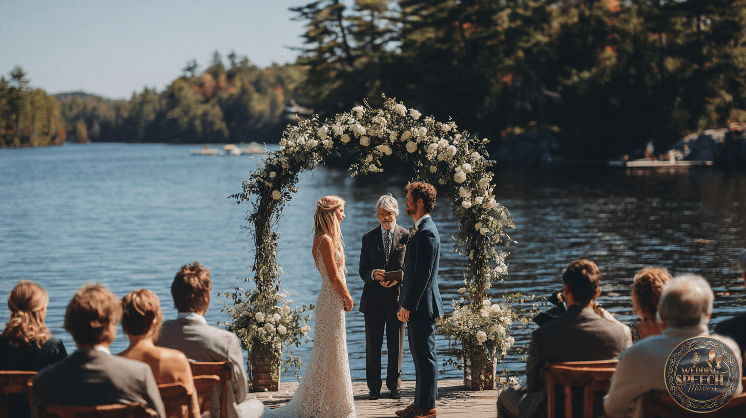 A bride and groom stand under a floral arch by a lake, exchanging personalized vows during an outdoor wedding ceremony with guests seated nearby.