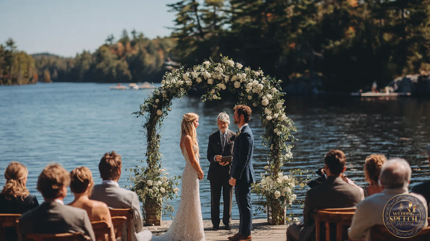 A bride and groom stand under a floral arch by a lake, exchanging personalized vows during an outdoor wedding ceremony with guests seated nearby.