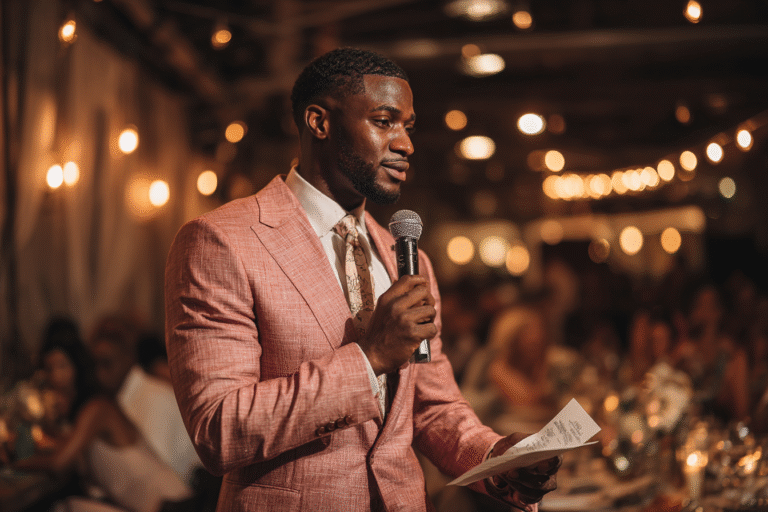 A man in a pink suit holds a microphone and a piece of paper, speaking to an audience at an indoor event with warm lighting.