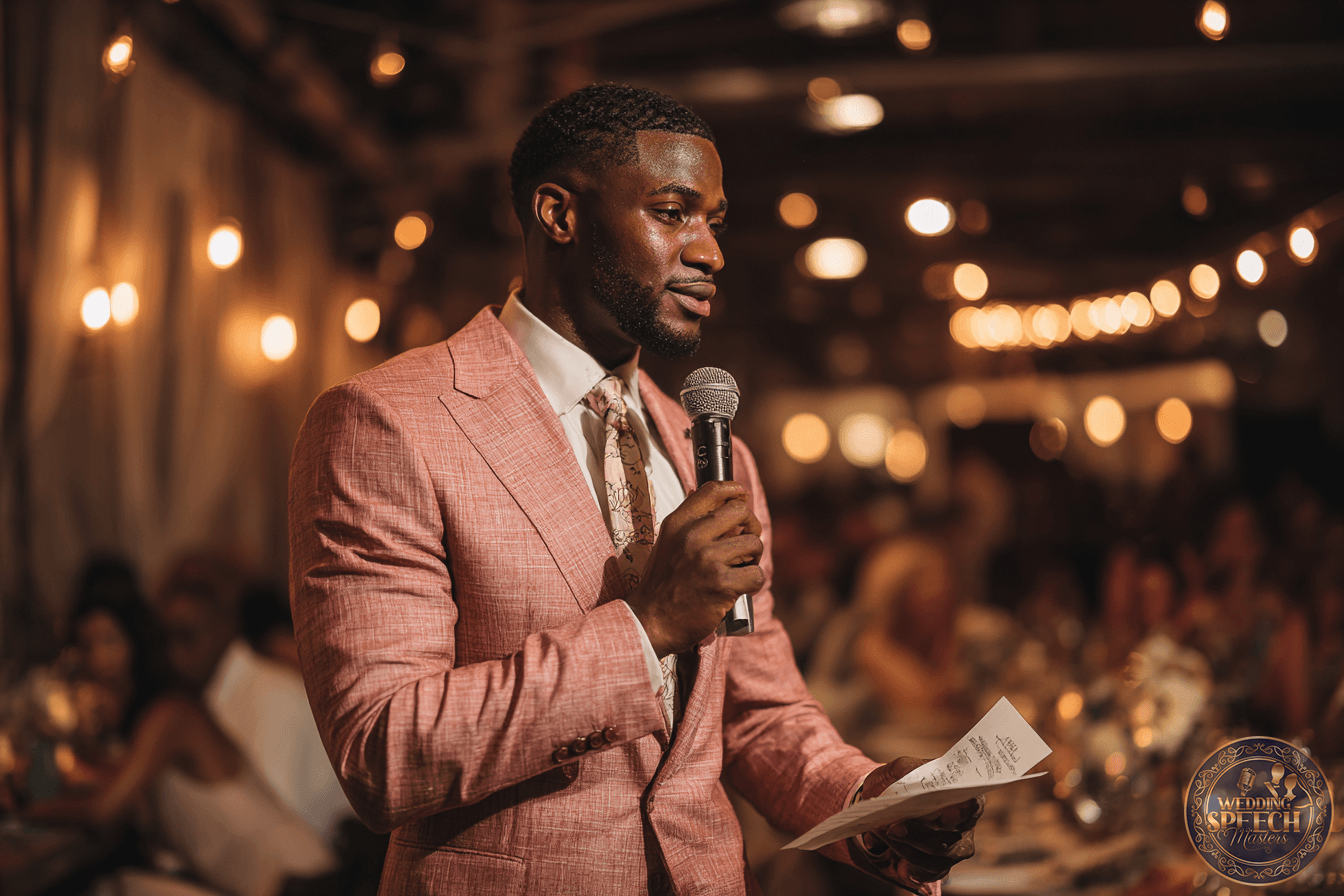 A man in a pink suit holds a microphone and a piece of paper, speaking to an audience at an indoor event with warm lighting.