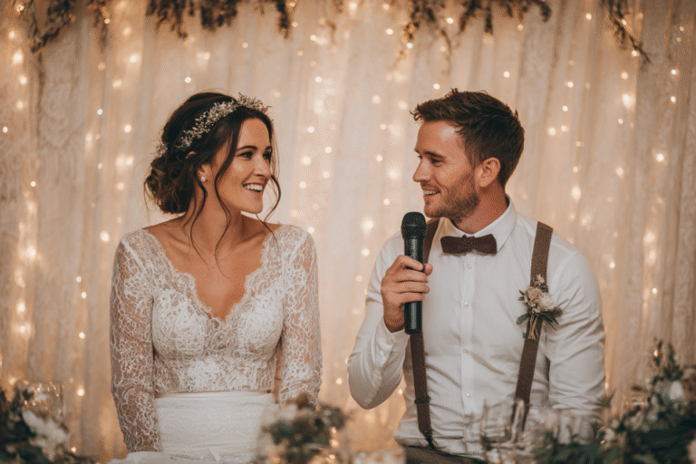 A bride in a lace dress and a groom in a white shirt with suspenders sit together; the groom holds a microphone as they smile at each other against a backdrop of string lights and lace.