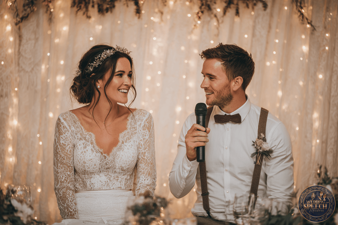 A bride in a lace dress and a groom in a white shirt with suspenders sit together; the groom holds a microphone as they smile at each other against a backdrop of string lights and lace.