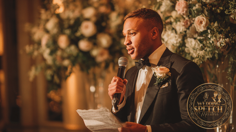 A man in a tuxedo with a boutonniere holds a microphone and a sheet of paper, speaking at an event with floral arrangements in the background.