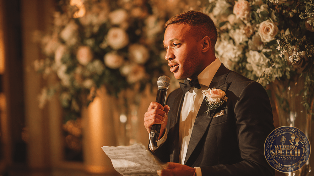 A man in a tuxedo with a boutonniere holds a microphone and a sheet of paper, speaking at an event with floral arrangements in the background.
