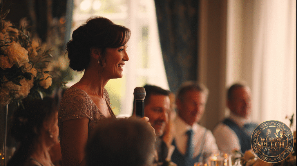 A woman in a formal dress holds a microphone and speaks at a table during a gathering, with other people seated and floral arrangements nearby.