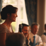 A woman in a formal dress holds a microphone and speaks at a table during a gathering, with other people seated and floral arrangements nearby.