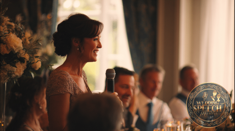 A woman in a formal dress holds a microphone and speaks at a table during a gathering, with other people seated and floral arrangements nearby.