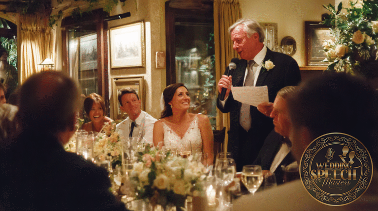 A man in a suit gives a speech with a microphone at a wedding reception as the bride and guests listen around a candlelit table.