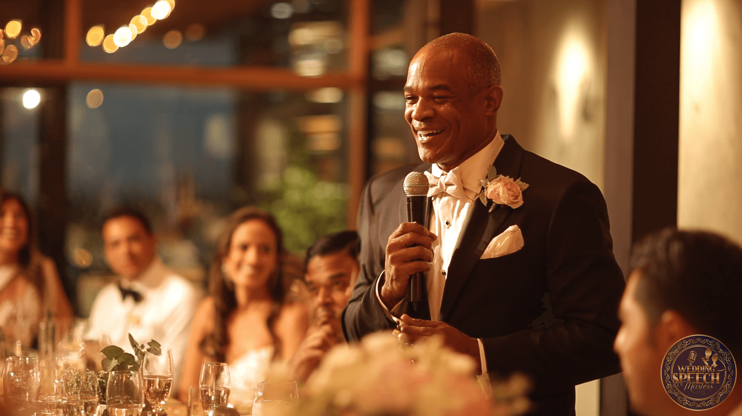 A man in a tuxedo holding a microphone gives a speech at a formal event, with guests seated at tables and listening attentively.
