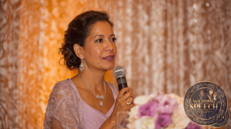 A woman in a lilac dress holds a microphone and speaks at an event, standing in front of a floral arrangement and a gold-patterned backdrop.
