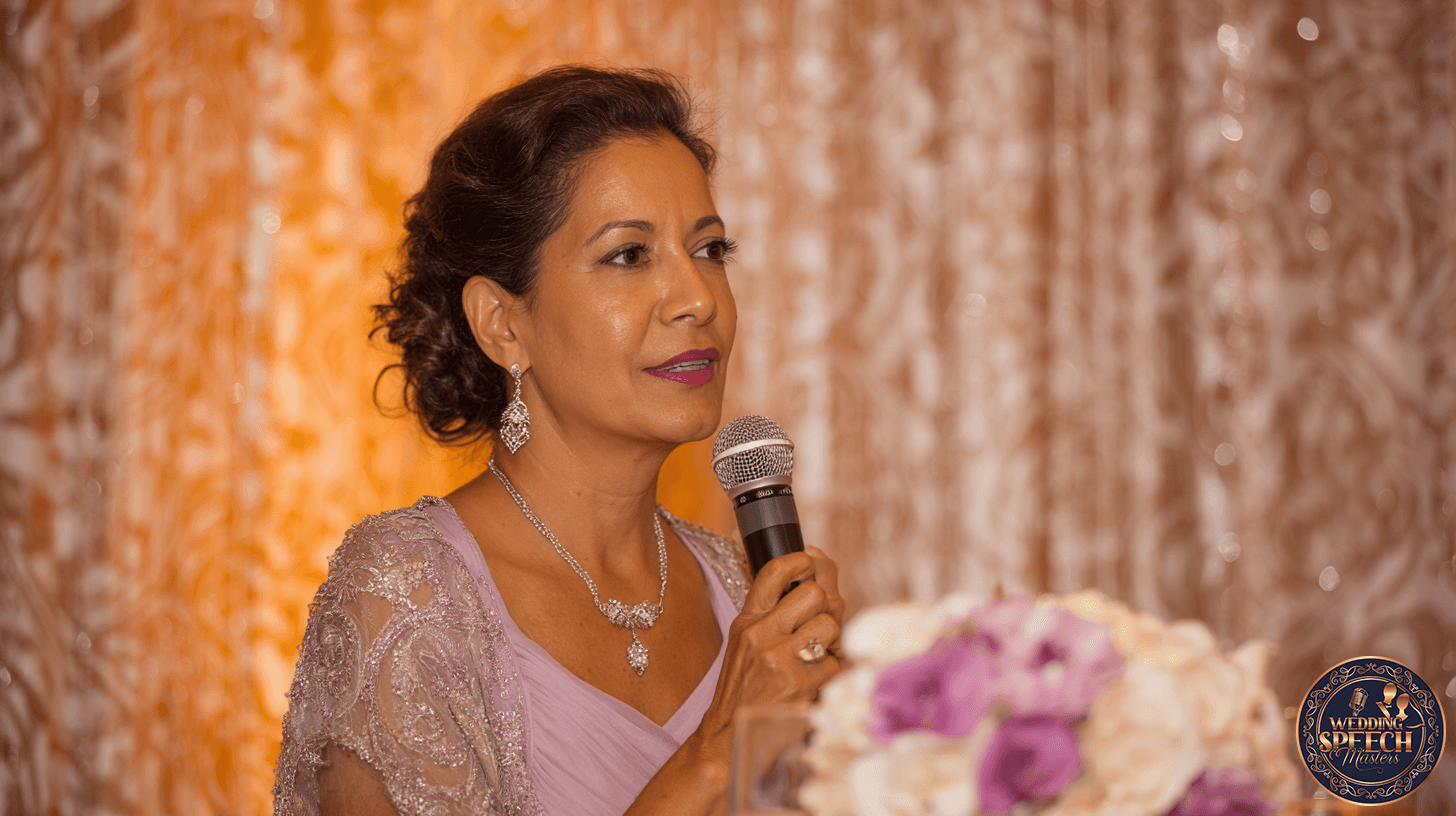 A woman in a lilac dress holds a microphone and speaks at an event, standing in front of a floral arrangement and a gold-patterned backdrop.