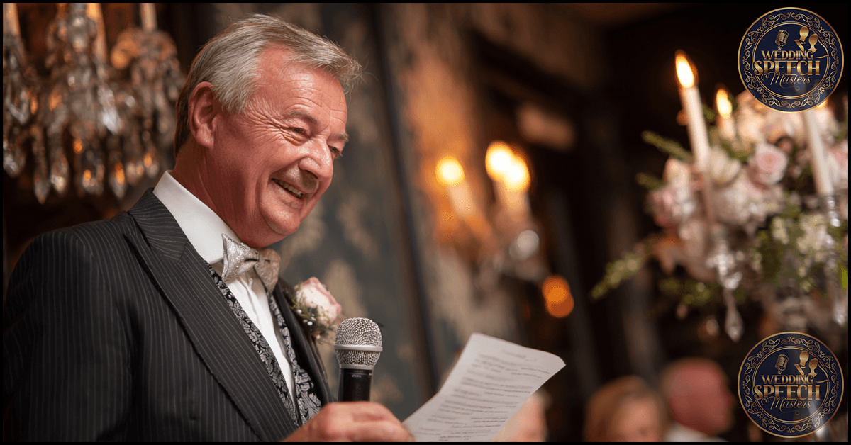 An older man in a suit and bow tie smiles while holding a microphone and a speech, ready to deliver heartfelt words inspired by the Step Father of the Groom Speech Guide at a decorated wedding reception.