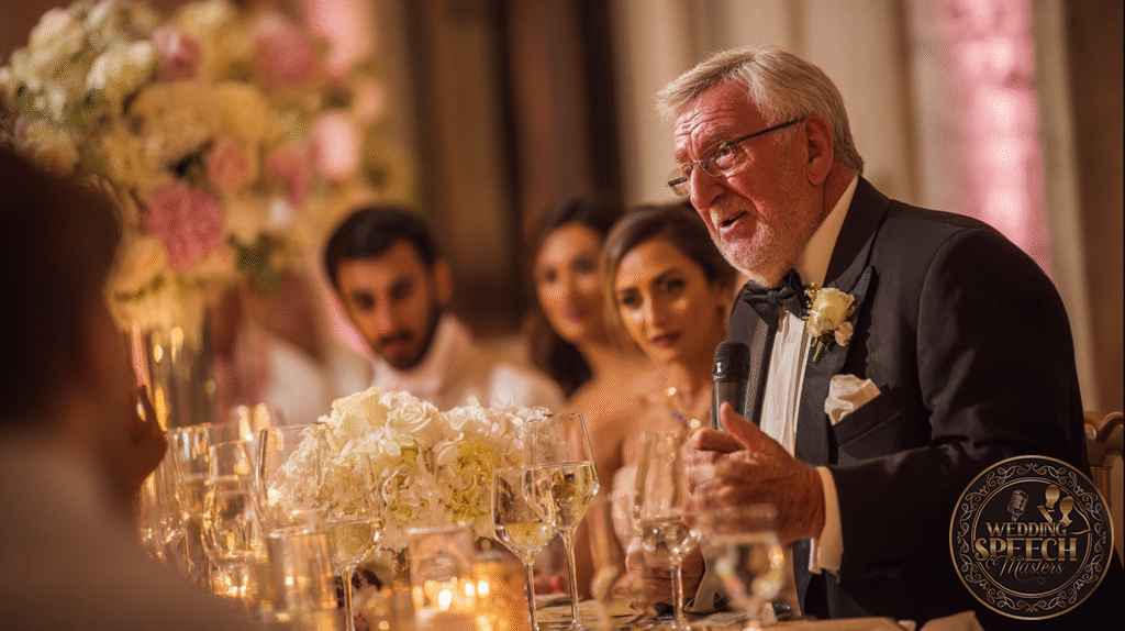 An older man in a tuxedo, preparing the wedding meal blessing, speaks into a microphone at a formal event, seated at a table adorned with floral arrangements and glassware, as guests listen attentively.