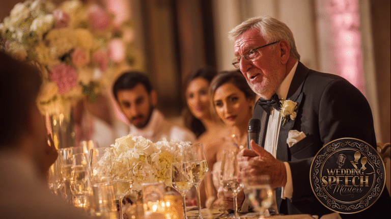 An older man in a tuxedo, preparing the wedding meal blessing, speaks into a microphone at a formal event, seated at a table adorned with floral arrangements and glassware, as guests listen attentively.