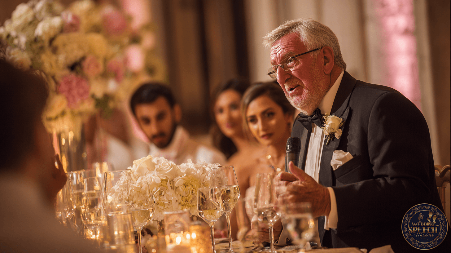 An older man in a tuxedo, preparing the wedding meal blessing, speaks into a microphone at a formal event, seated at a table adorned with floral arrangements and glassware, as guests listen attentively.
