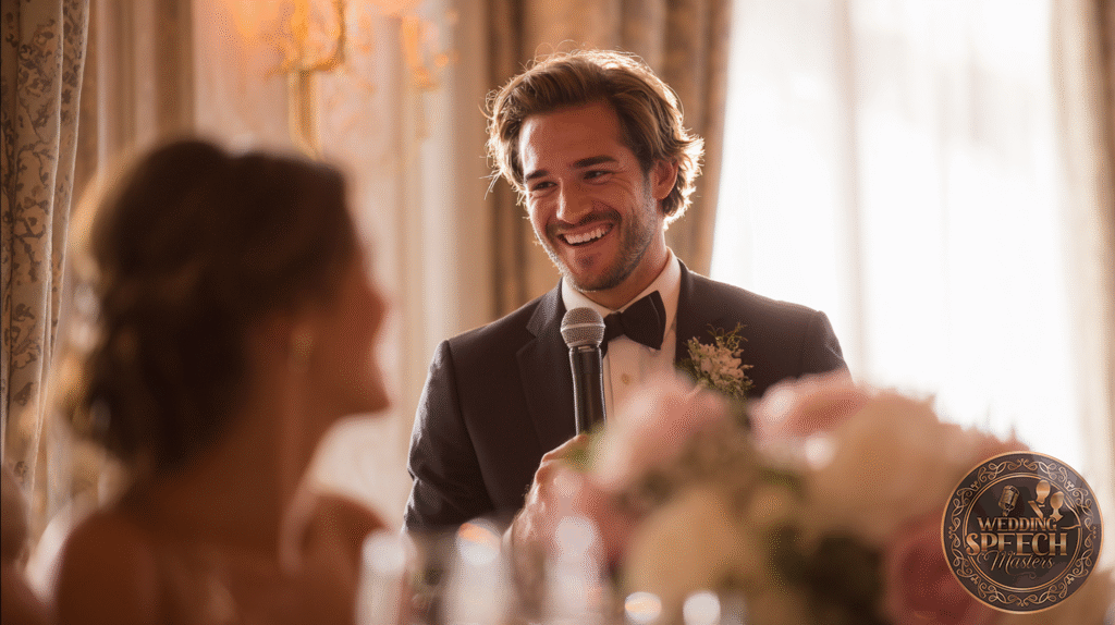 A man in a suit, Presenting Your Best Man's Speech, speaks into a microphone and smiles at a seated woman during a formal event, with soft lighting and floral decorations visible.