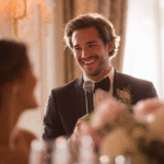 A man in a suit, Presenting Your Best Man's Speech, speaks into a microphone and smiles at a seated woman during a formal event, with soft lighting and floral decorations visible.
