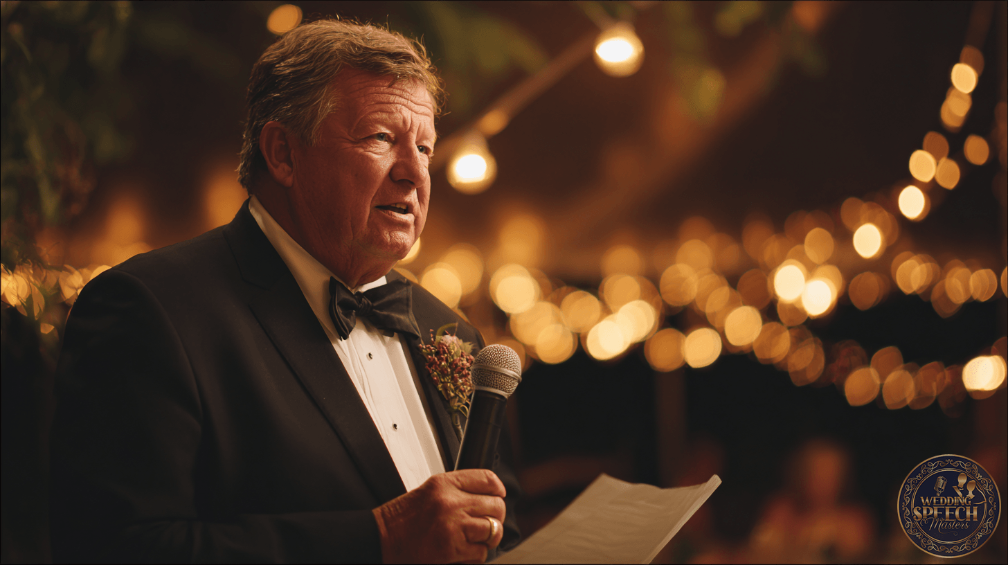An older man in a tuxedo holds a microphone and a paper, delivering a heartfelt Father of the Groom Speech at an event with warm string lights twinkling in the background.