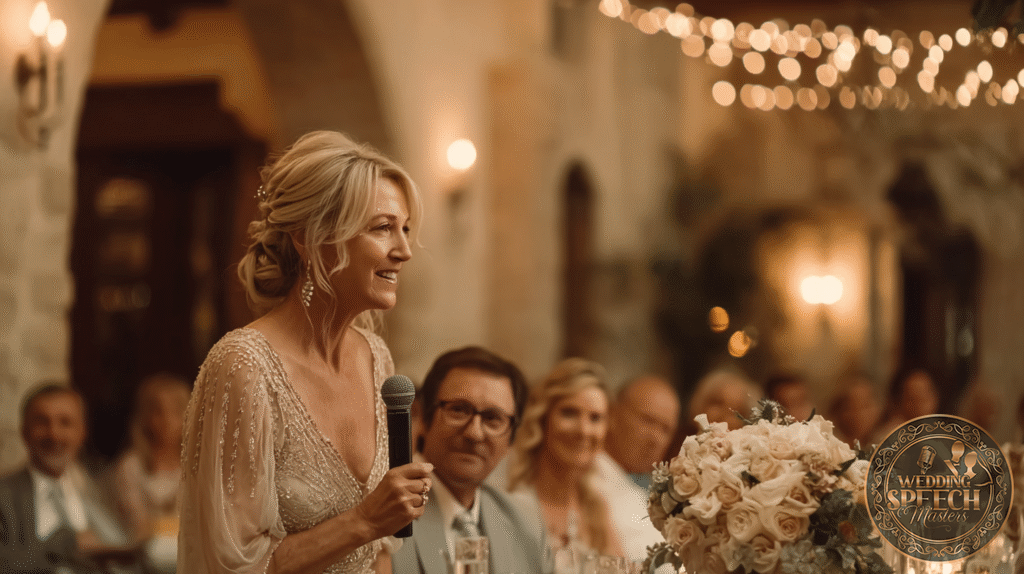 A woman in formal attire gives a speech with a microphone at an indoor event, surrounded by seated guests and floral decor under warm, decorative lighting.