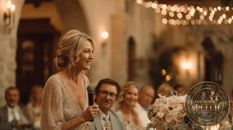 A woman in formal attire gives a speech with a microphone at an indoor event, surrounded by seated guests and floral decor under warm, decorative lighting.