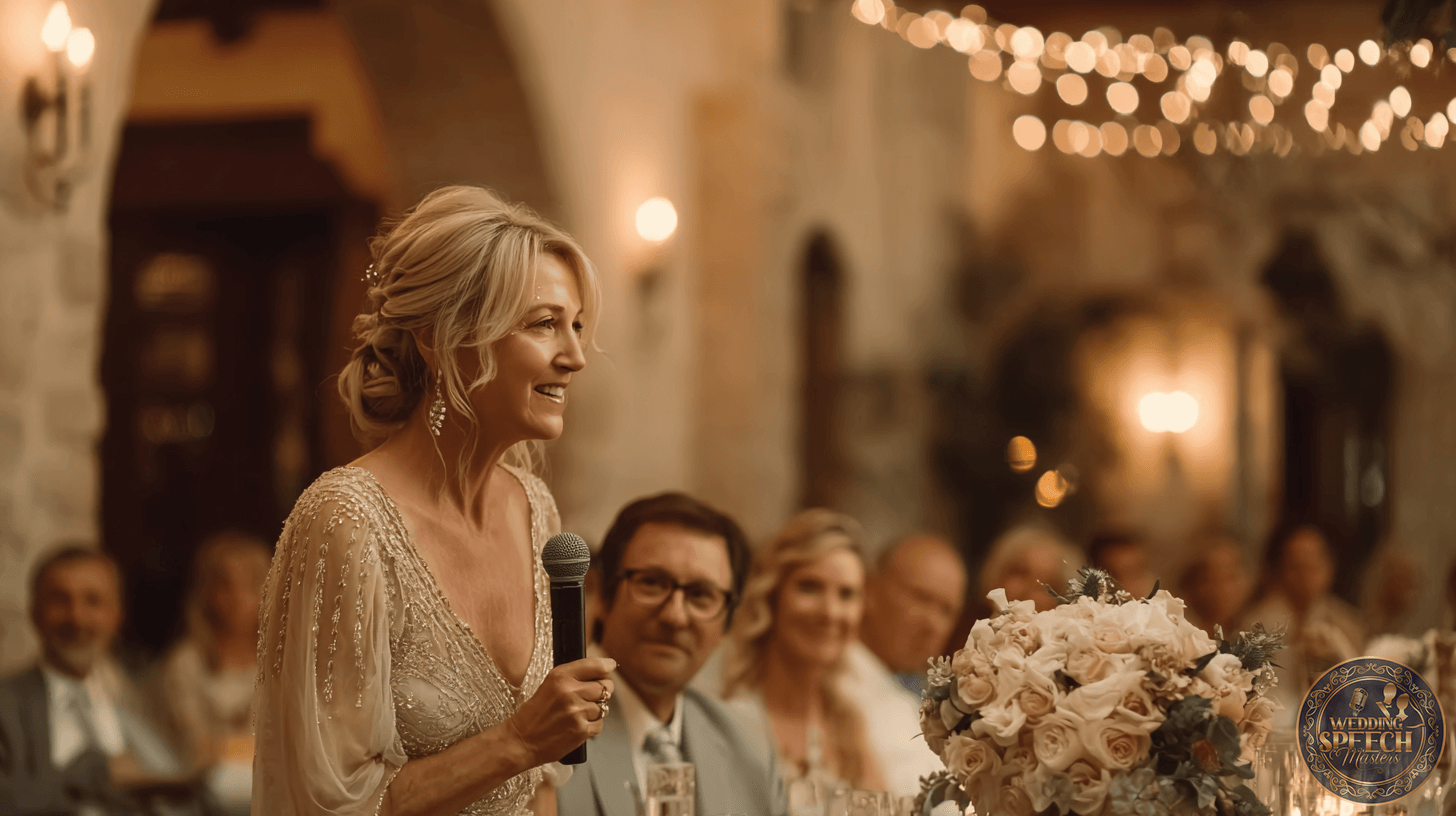 A woman in formal attire gives a speech with a microphone at an indoor event, surrounded by seated guests and floral decor under warm, decorative lighting.