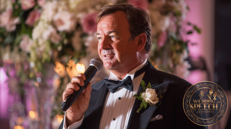 A man in a tuxedo and bow tie holds a microphone, speaking at an event with floral decorations and soft lighting in the background.