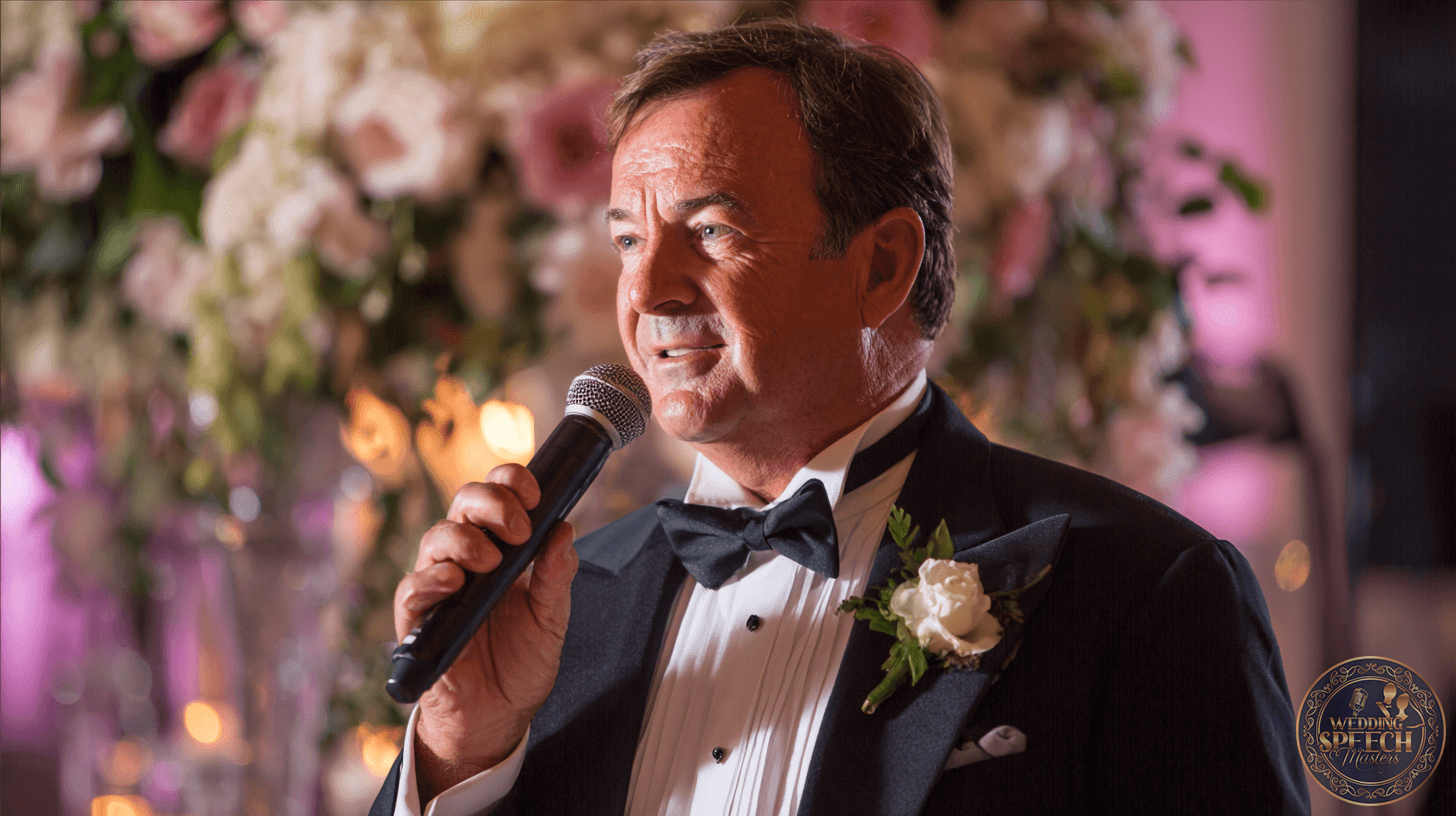 A man in a tuxedo and bow tie holds a microphone, speaking at an event with floral decorations and soft lighting in the background.