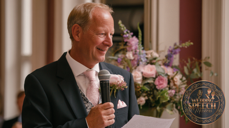 Elegant man giving wedding speech with microphone, floral backdrop, and heartfelt expression.