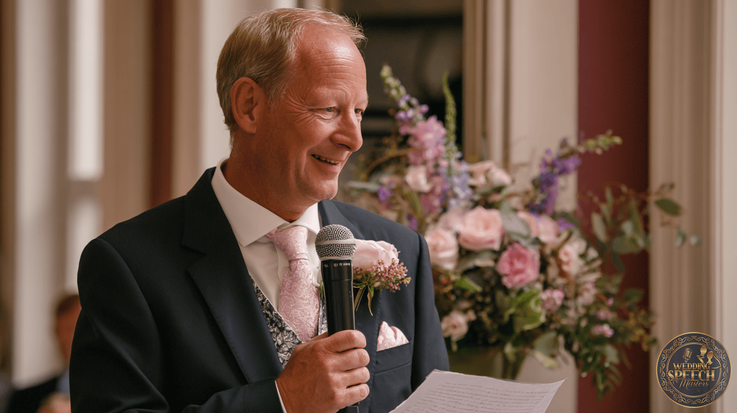 Elegant man giving wedding speech with microphone, floral backdrop, and heartfelt expression.