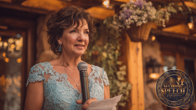 A woman in a light blue lace dress holds a microphone and a piece of paper, speaking at an outdoor event with floral decorations and warm lighting.