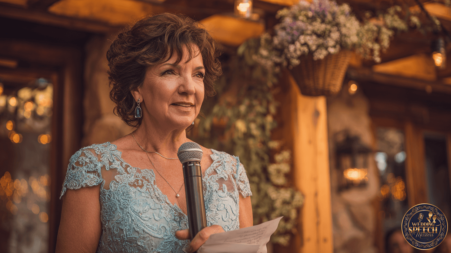 A woman in a light blue lace dress holds a microphone and a piece of paper, speaking at an outdoor event with floral decorations and warm lighting.