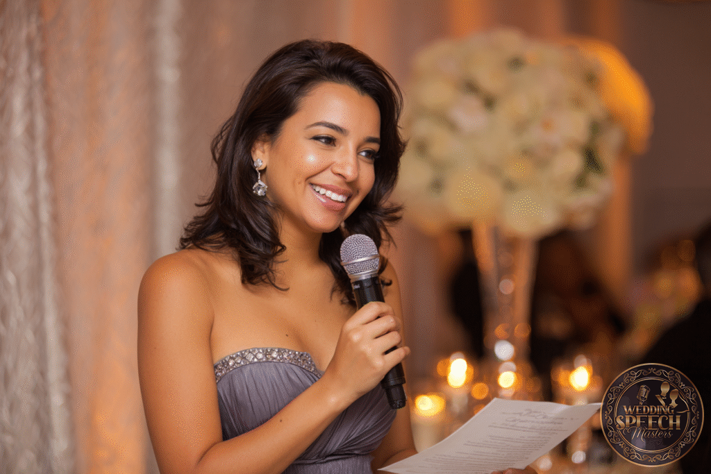 A woman in a strapless dress holds a microphone and a piece of paper, speaking at an indoor event with candles and floral decorations in the background.
