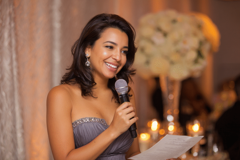 A woman in a strapless dress holds a microphone and a piece of paper, speaking at an indoor event with candles and floral decorations in the background.