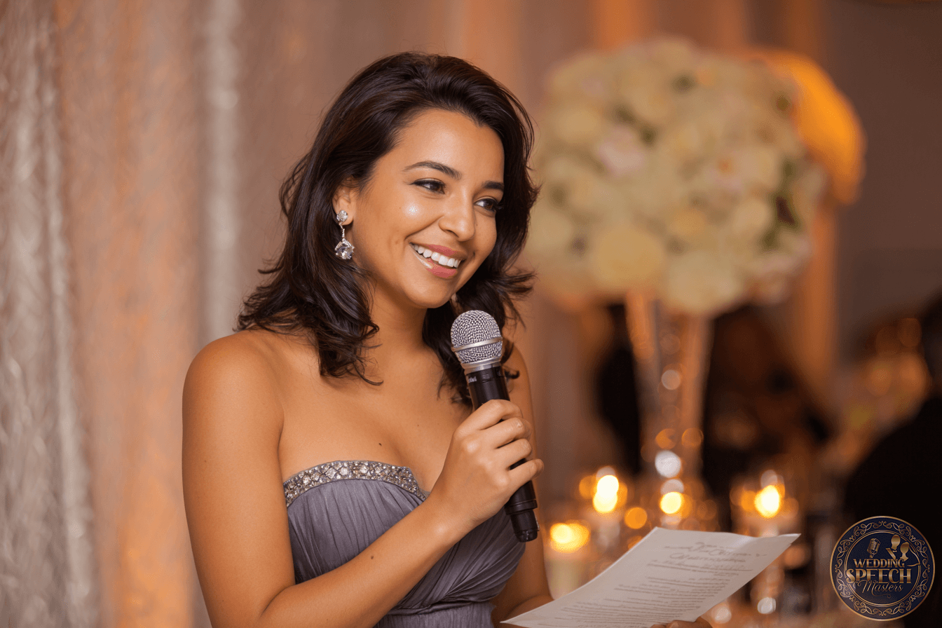 A woman in a strapless dress holds a microphone and a piece of paper, speaking at an indoor event with candles and floral decorations in the background.
