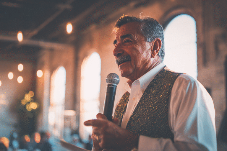 An older man with a mustache speaks into a microphone indoors, wearing a patterned vest and white shirt, with arched windows and warm lighting in the background.