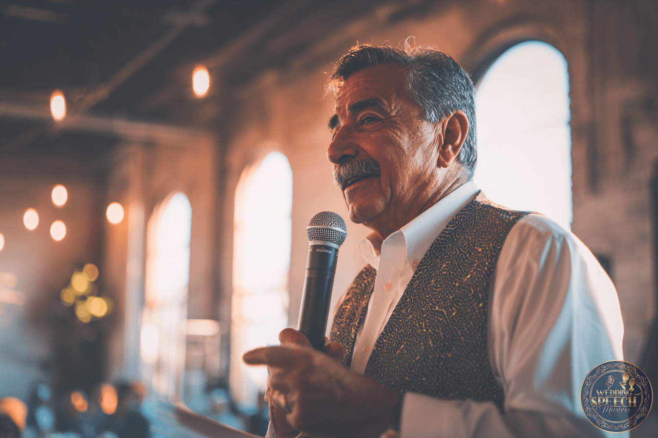 An older man with a mustache speaks into a microphone indoors, wearing a patterned vest and white shirt, with arched windows and warm lighting in the background.