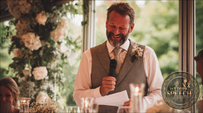 A man in a suit and tie stands indoors, holding a microphone and a sheet of paper, smiling, with floral decorations and lit candles on the table in front of him.