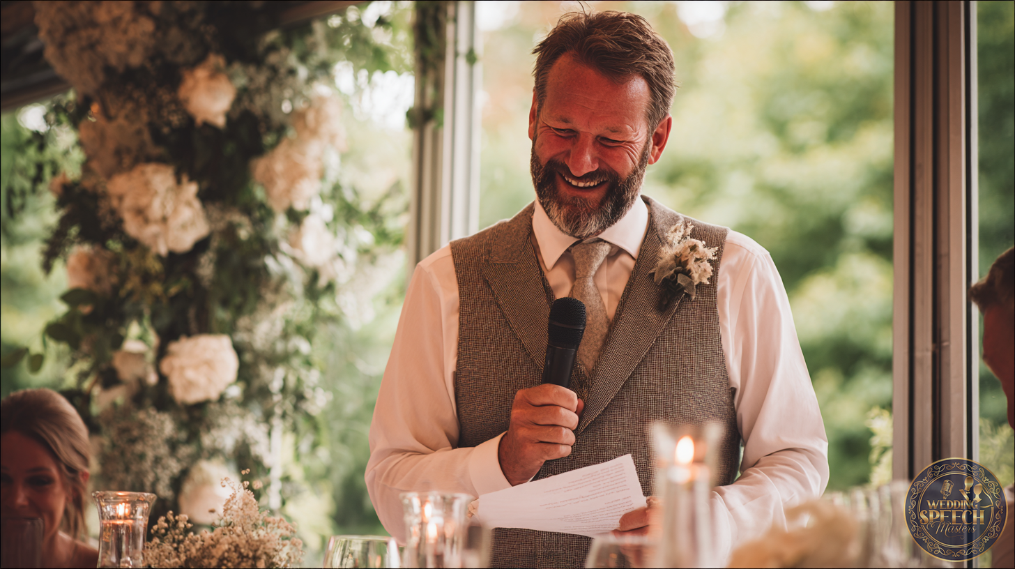 A man in a suit and tie stands indoors, holding a microphone and a sheet of paper, smiling, with floral decorations and lit candles on the table in front of him.