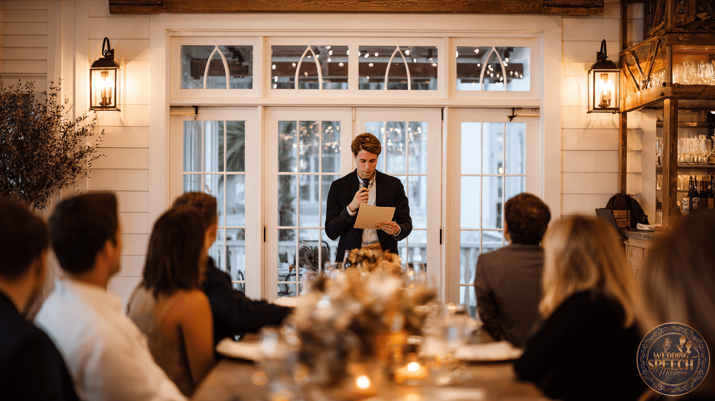 A person stands at the front of a warmly lit room, reading from a paper into a microphone during a Rehearsal Dinner, while seated guests listen around a decorated table.