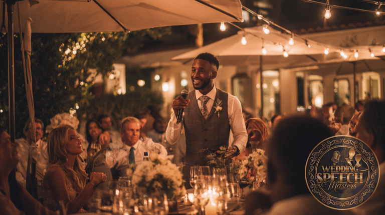 A man in a vest speaks into a microphone at an outdoor evening event, sharing personal stories and heartfelt messages in wedding toasts, surrounded by seated guests under string lights and umbrellas.
