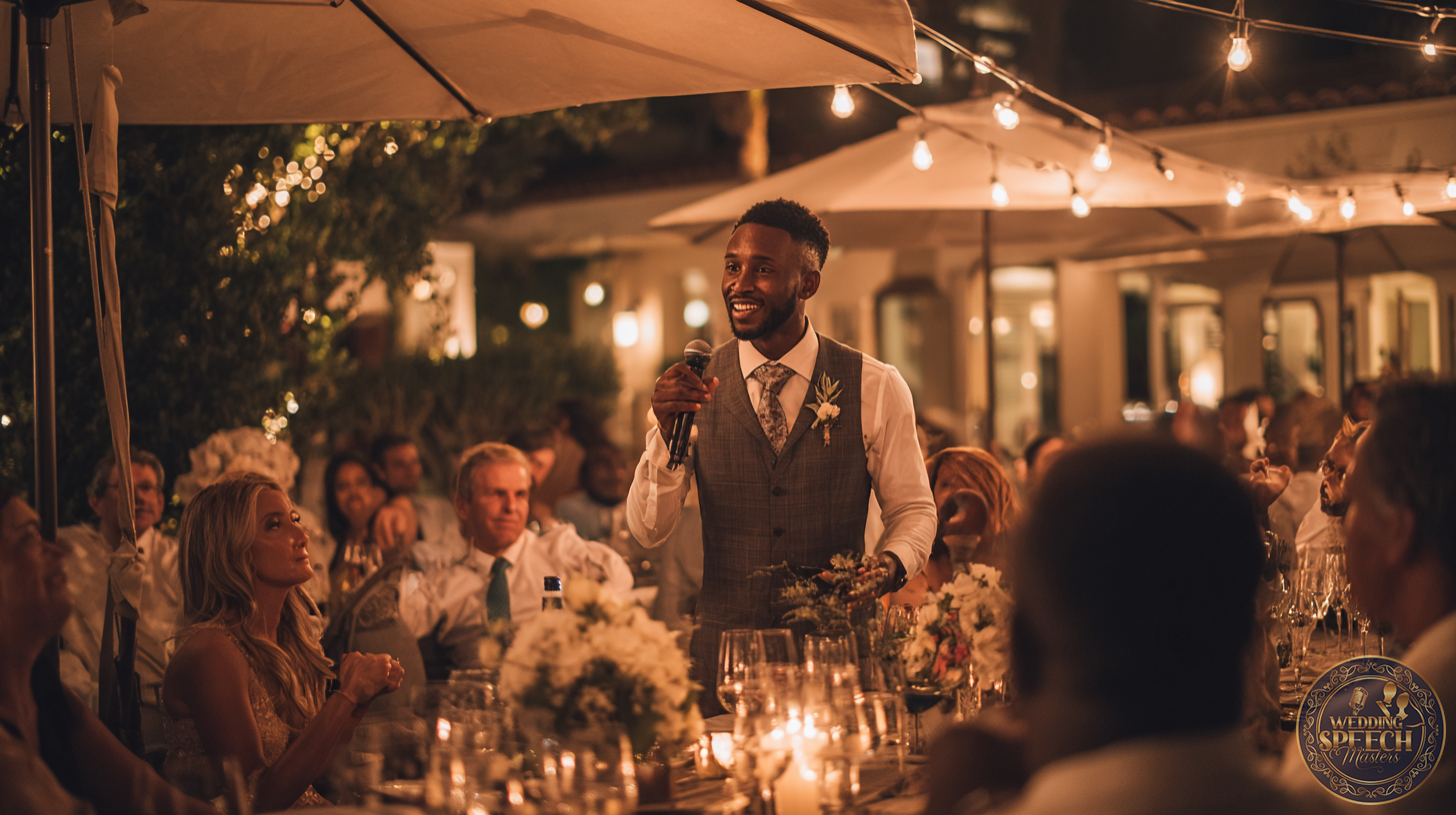A man in a vest speaks into a microphone at an outdoor evening event, sharing personal stories and heartfelt messages in wedding toasts, surrounded by seated guests under string lights and umbrellas.